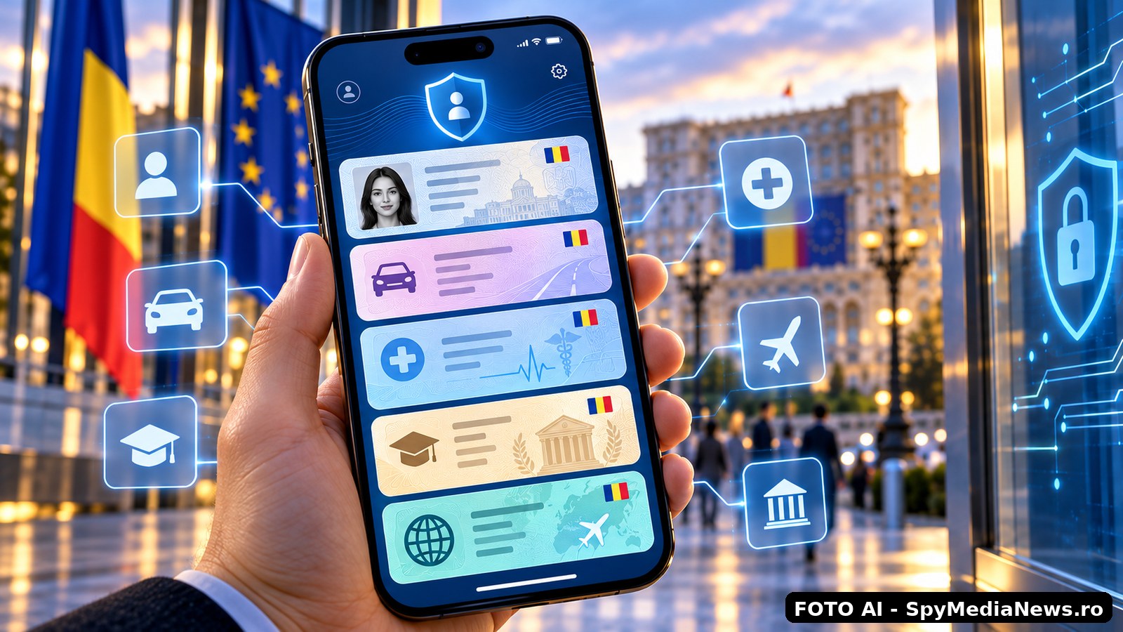 Ilustrație AI despre viitorul digital al României și întrebările privind controlul, securitatea și libertatea individuală