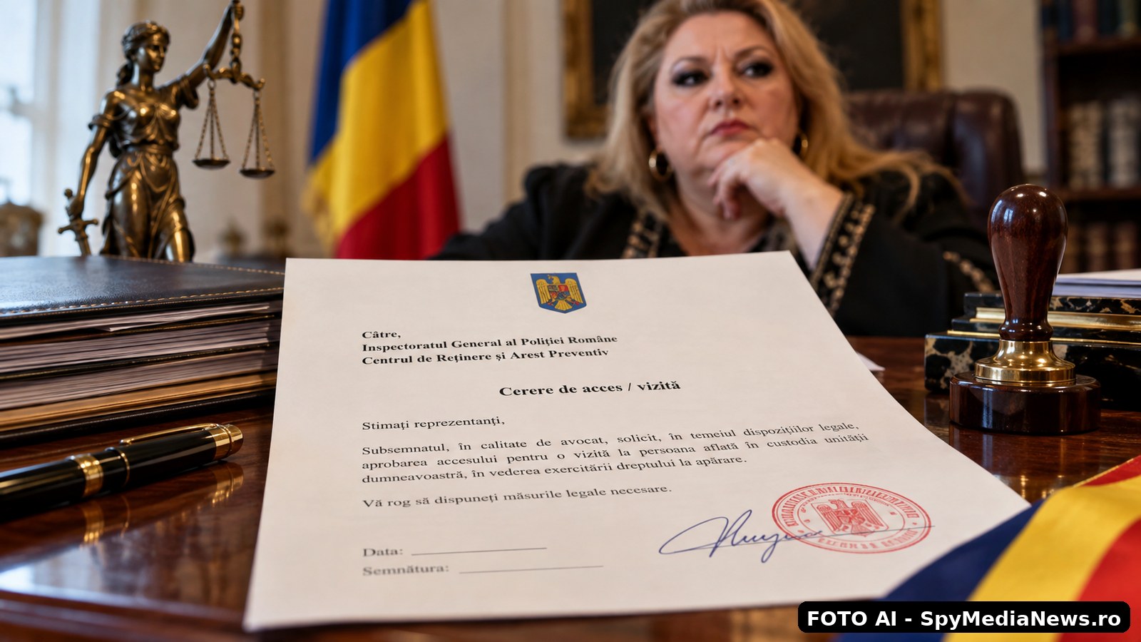 Imagine conceptuală cu o cerere oficială și un birou juridic, sugerând demersul de acces la Arestul Central