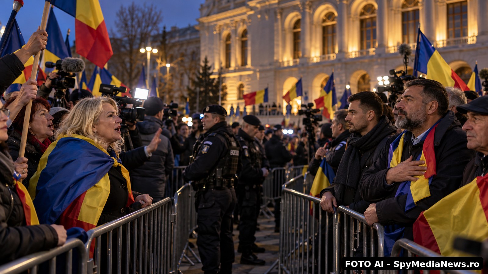 Scenă de confruntare între două grupuri de susținători separați de garduri, cu steaguri românești și forțe de ordine între ei