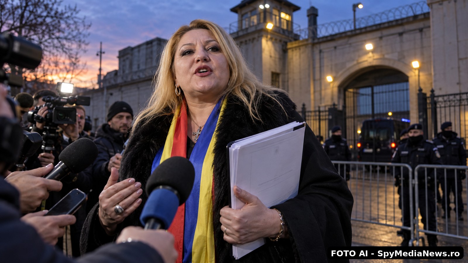 Ilustrație editorială cu Diana Șoșoacă în fața unei facilități de detenție, înconjurată de presă și ținând documente