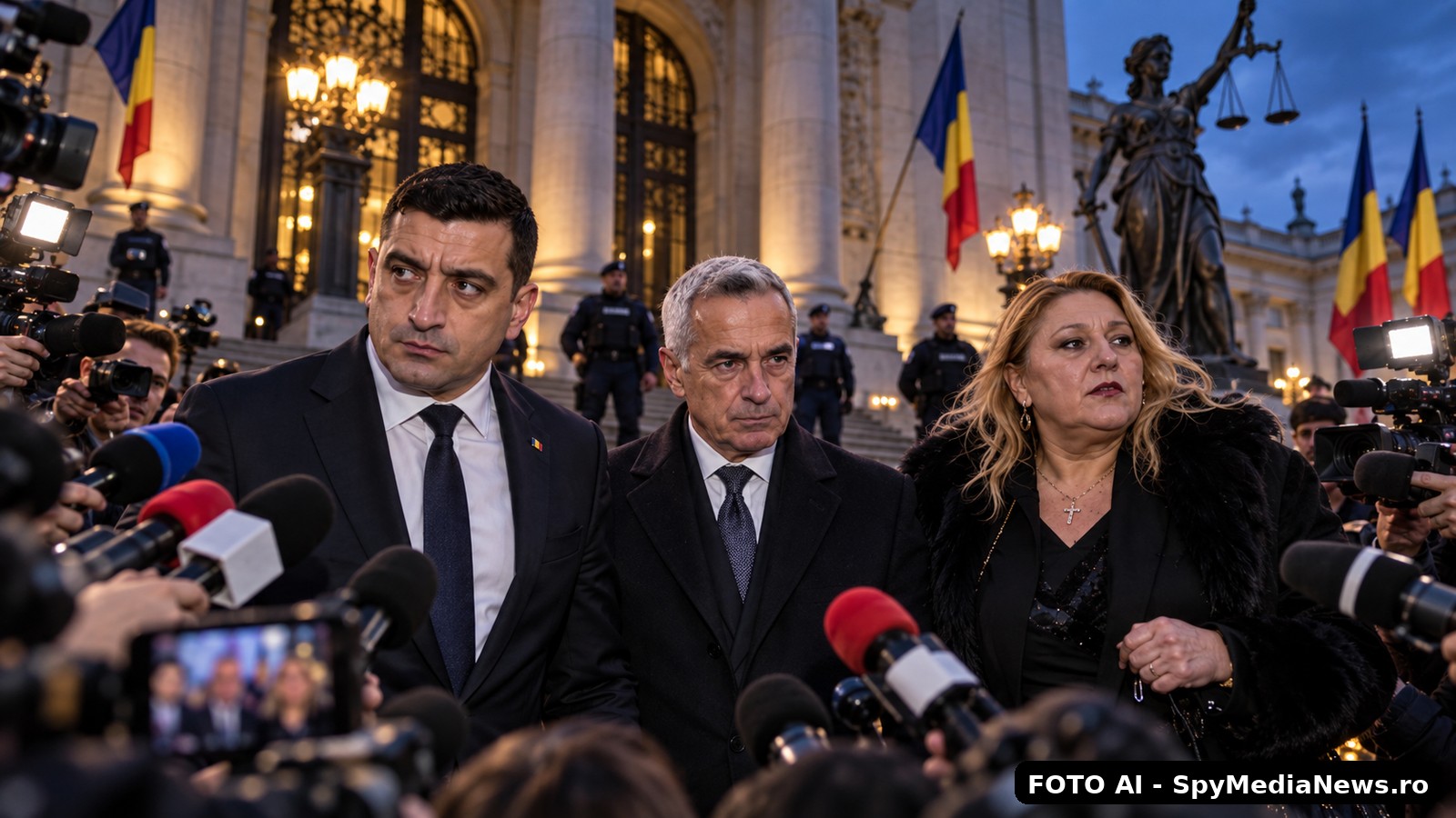 George Simion, Călin Georgescu și Diana Șoșoacă sub luminile serii, înconjurați de jurnaliști, microfoane și steaguri românești în fața Palatului Parlamentului