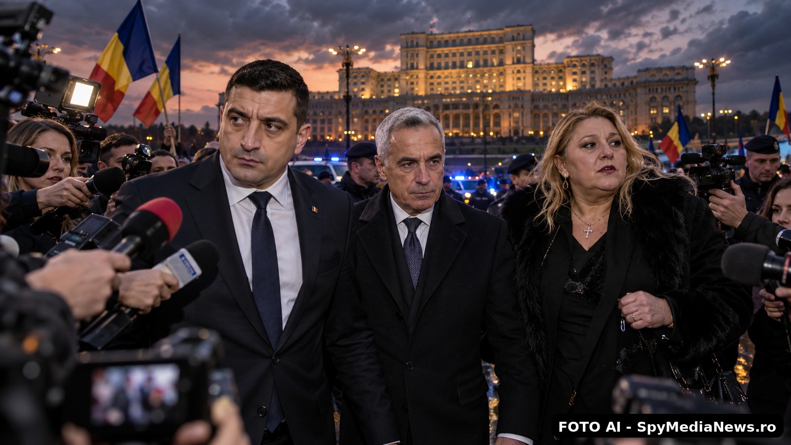 Ilustrație editorială cu George Simion, Călin Georgescu și Diana Șoșoacă înconjurați de presă și forțe de ordine în fața Palatului Parlamentului