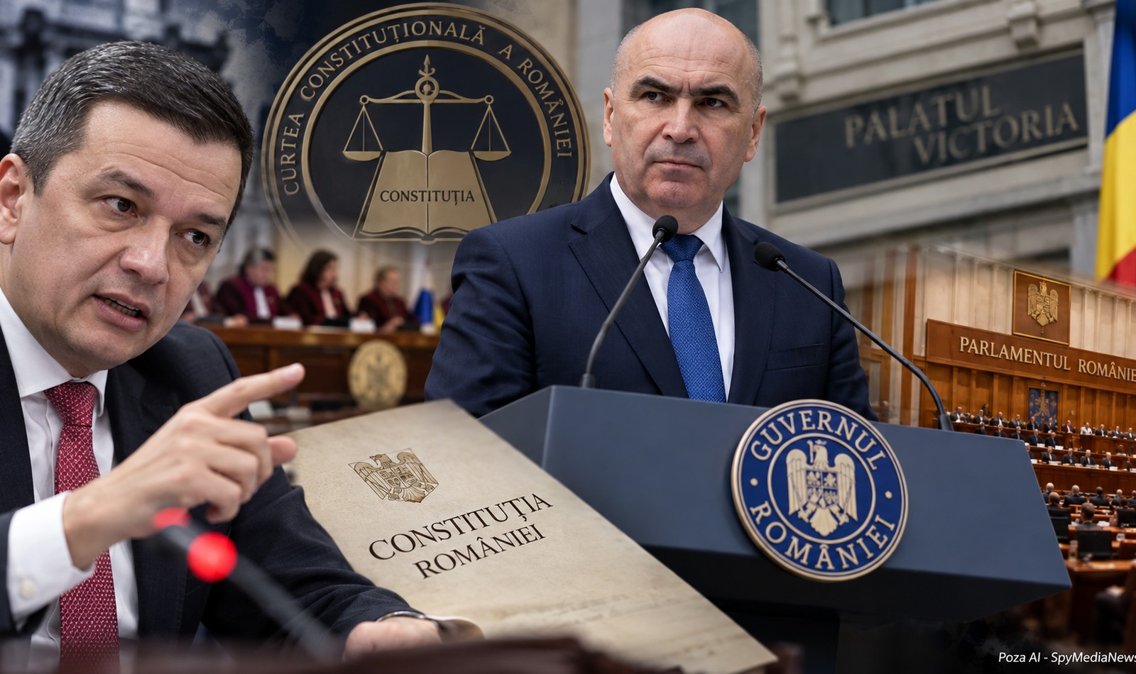 Colaj AI cu Sorin Grindeanu, Ilie Bolojan, sigla CCR, Palatul Victoria și Parlamentul României
