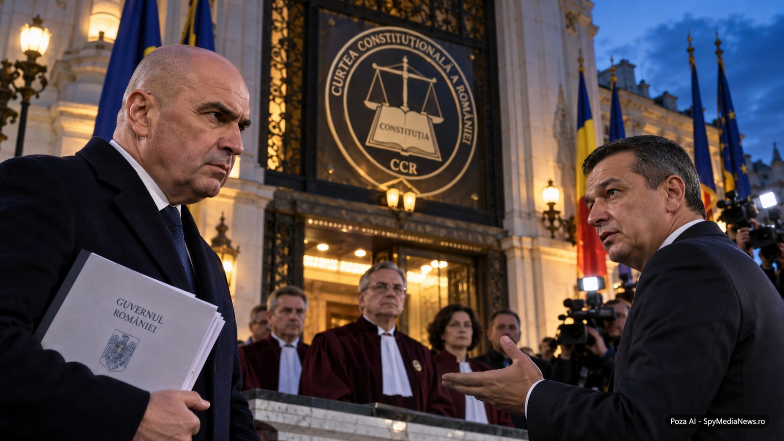 Ilustrație AI cu Sorin Grindeanu, Ilie Bolojan și sediul Curții Constituționale a României