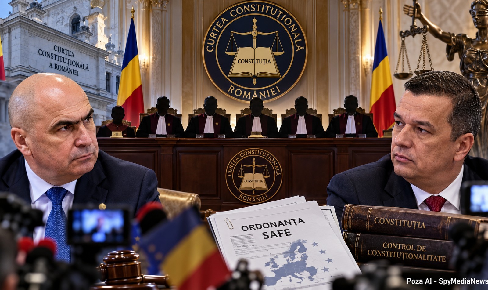 Ilustrație AI cu judecători constituționali, Sorin Grindeanu, Ilie Bolojan și dosarul privind ordonanța SAFE