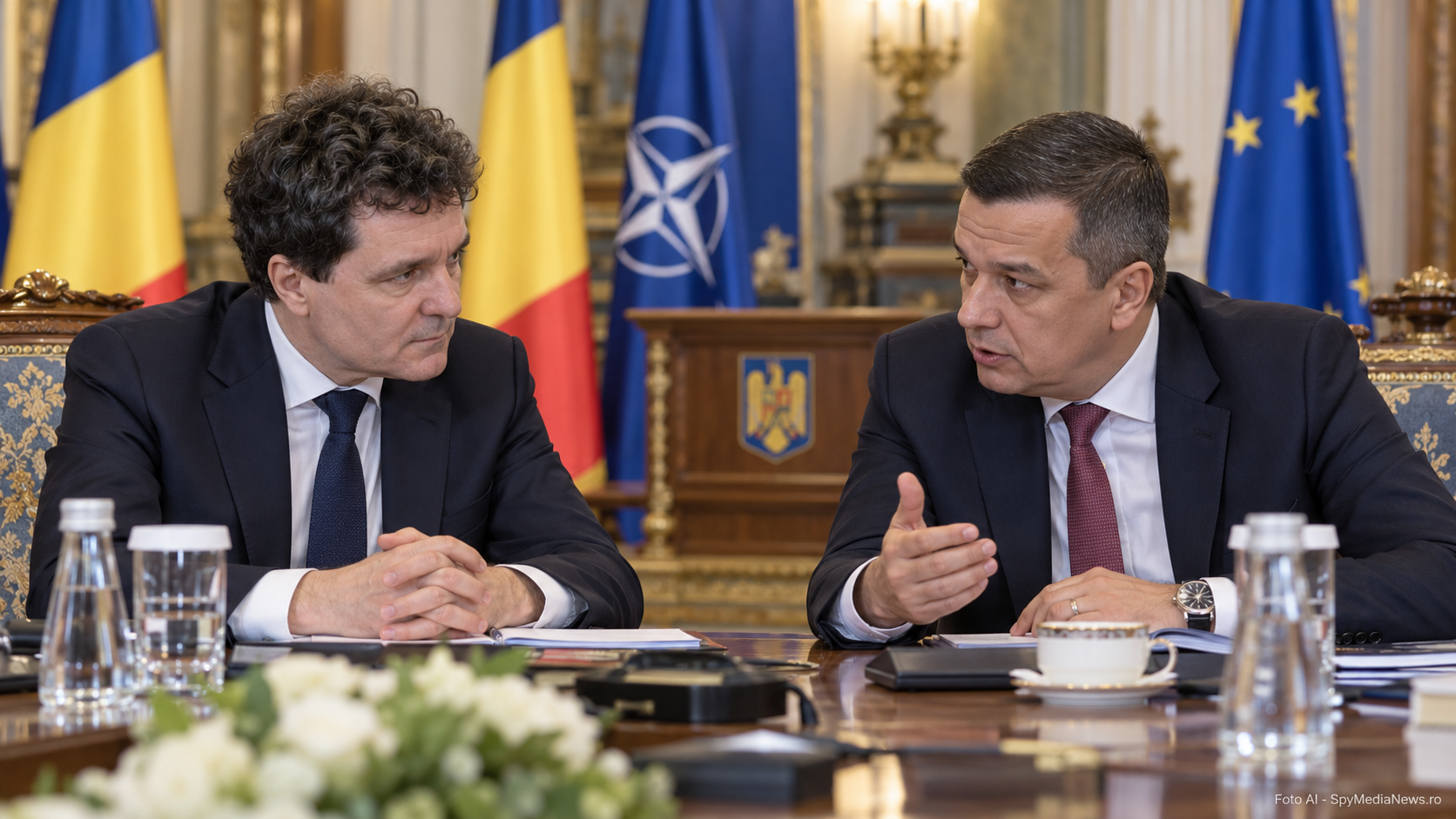 Ilustrație AI cu un dialog tensionat într-o încăpere oficială prezidențială