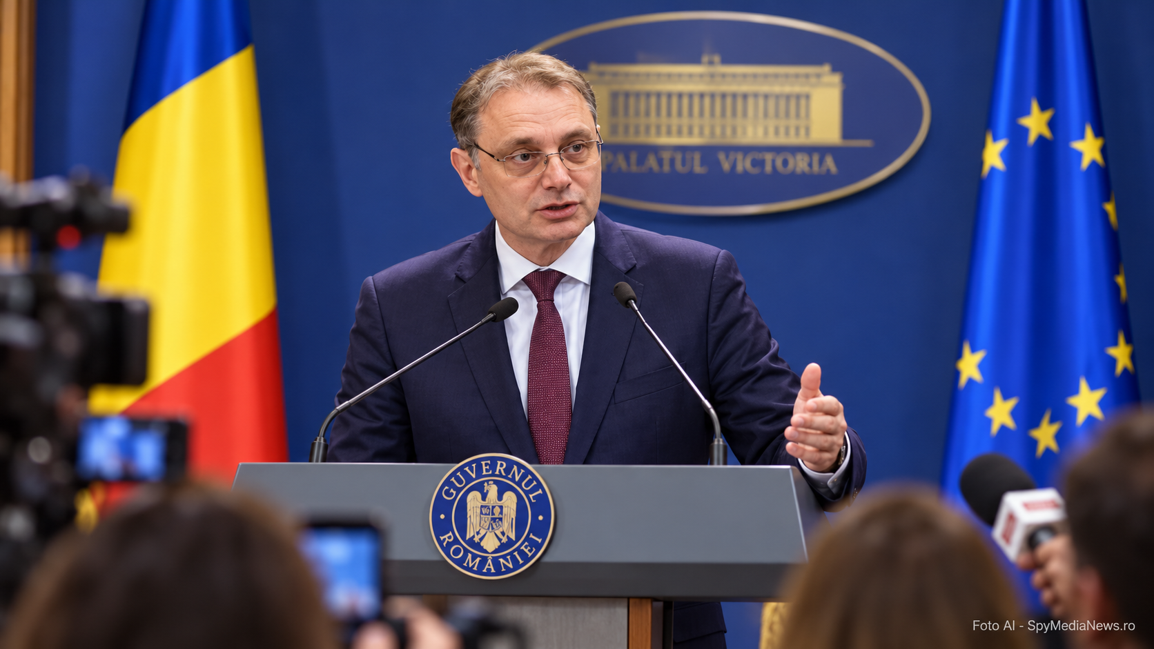 Ilustrație AI cu briefing guvernamental la Palatul Victoria